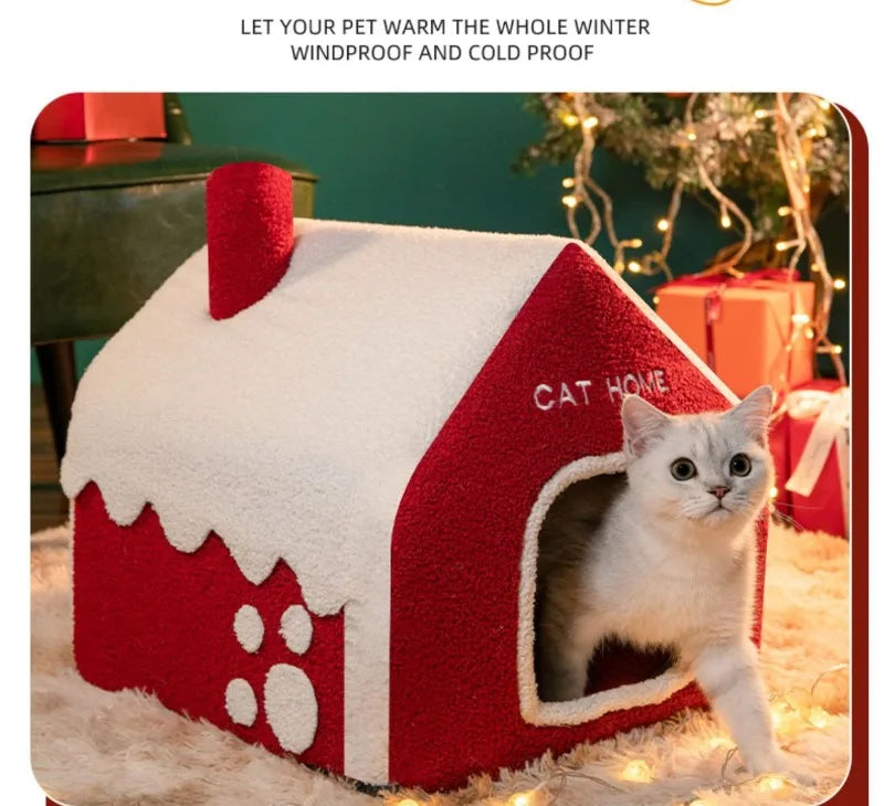 Nid douillet pliable pour animaux de compagnie, idéal pour Noel, avec décorations et accessoires pour chiens et chats.