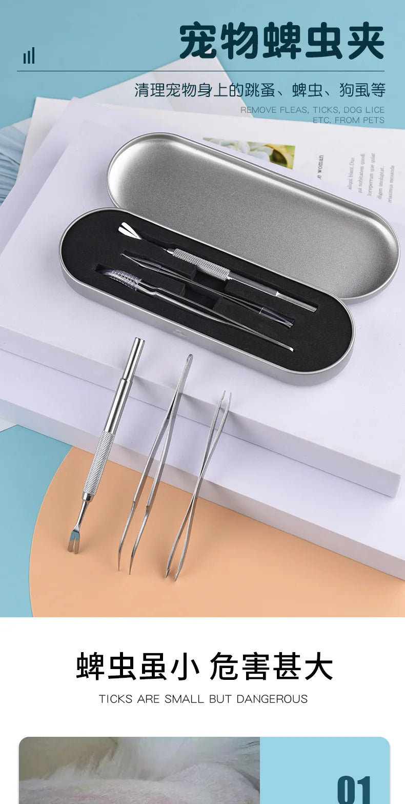Ensemble d'outils anti-puces, pinces et crochets à gratter en acier inoxydable de qualité pour animaux de compagnie (chats et chiens)