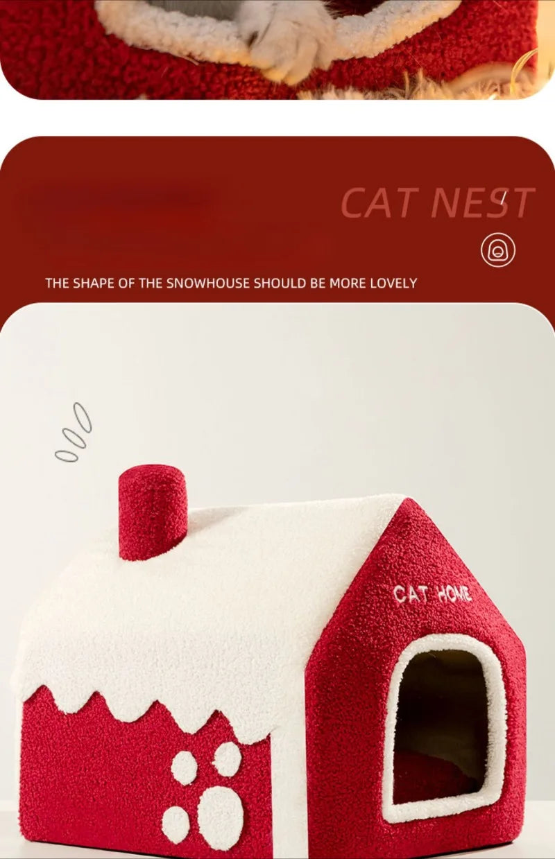 Nid douillet pliable pour animaux de compagnie, idéal pour Noel, avec décorations et accessoires pour chiens et chats.