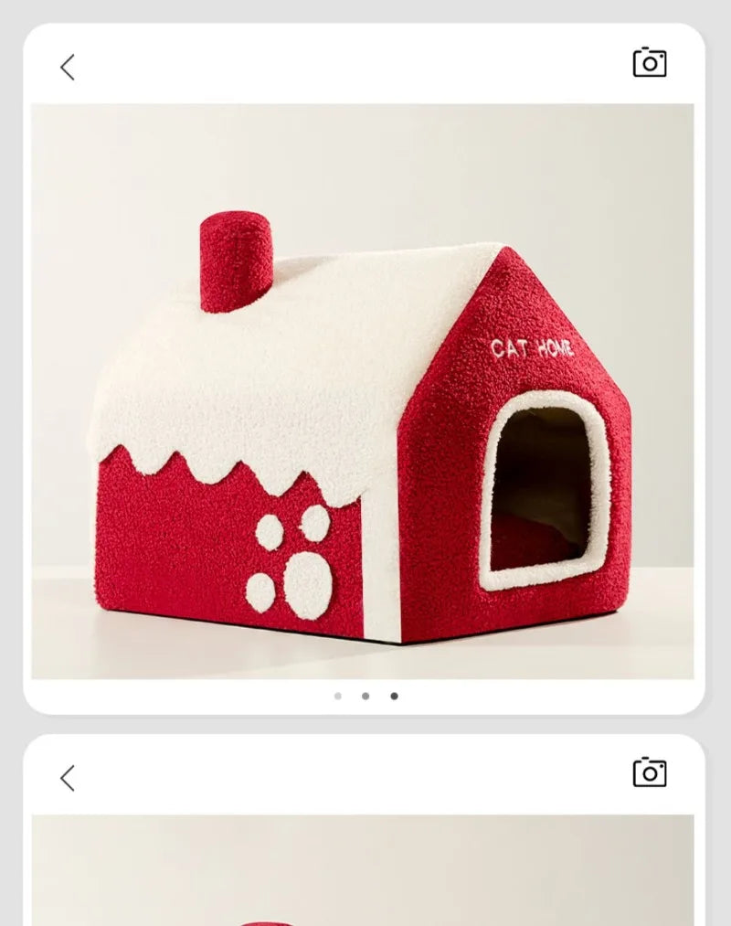 Nid douillet pliable pour animaux de compagnie, idéal pour Noel, avec décorations et accessoires pour chiens et chats.