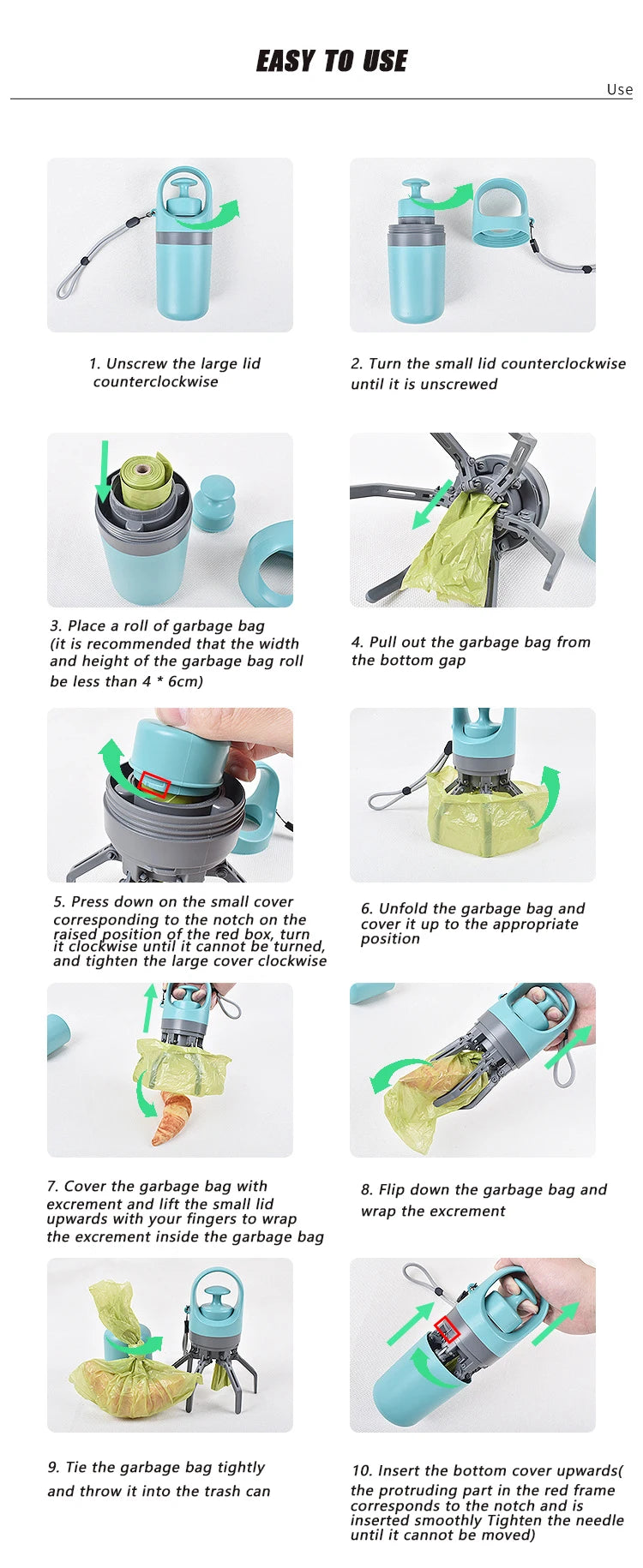 Ramasse-crottes portable pour chiens, nettoyeur d'extérieur avec sac poubelle intégré