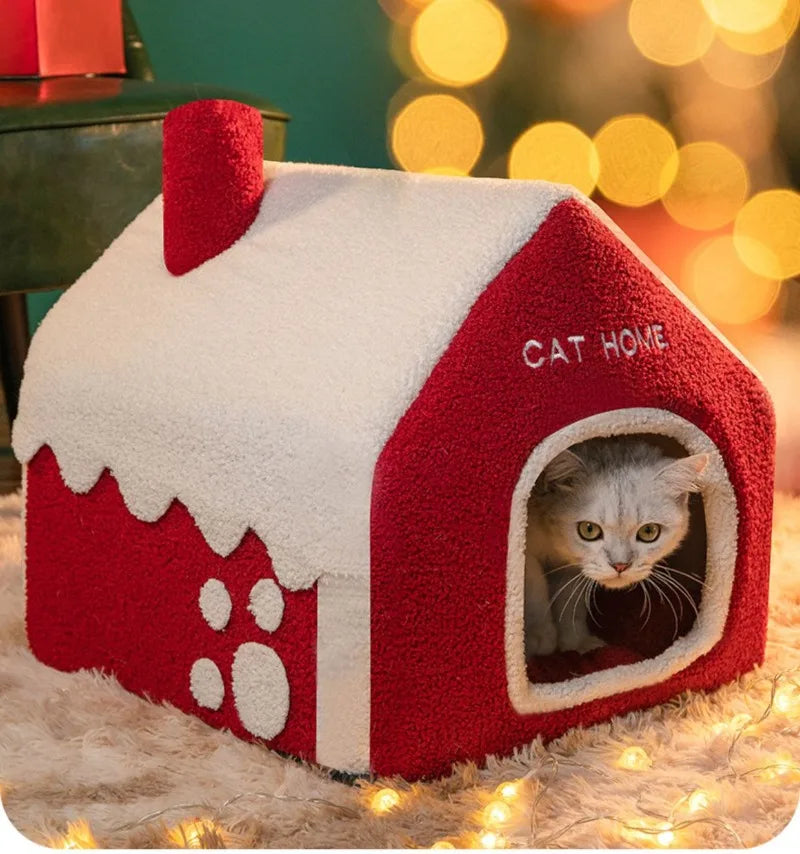 Nid douillet pliable pour animaux de compagnie, idéal pour Noel, avec décorations et accessoires pour chiens et chats.