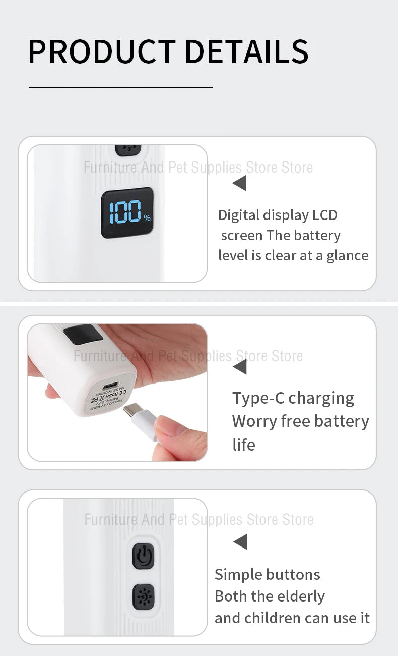 Coupe-ongles électrique/ rechargeable pour chiens et chats et autres petits animaux avec broyeurs d’ongles et led de précison