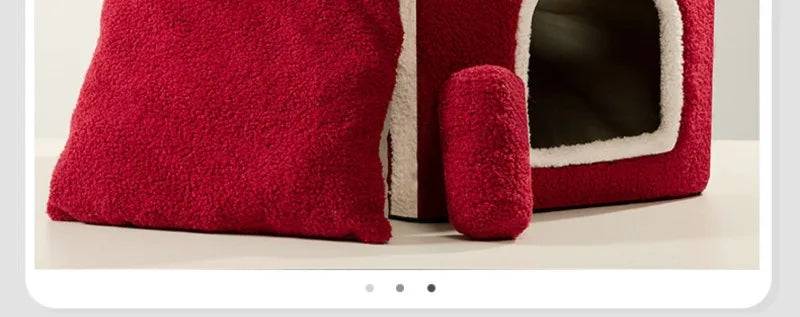 Nid douillet pliable pour animaux de compagnie, idéal pour Noel, avec décorations et accessoires pour chiens et chats.