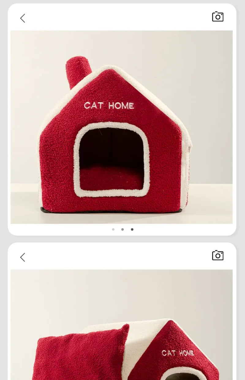 Nid douillet pliable pour animaux de compagnie, idéal pour Noel, avec décorations et accessoires pour chiens et chats.