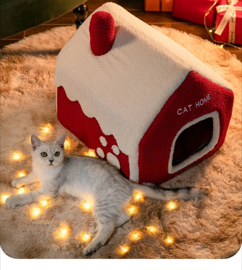Nid douillet pliable pour animaux de compagnie, idéal pour Noel, avec décorations et accessoires pour chiens et chats.