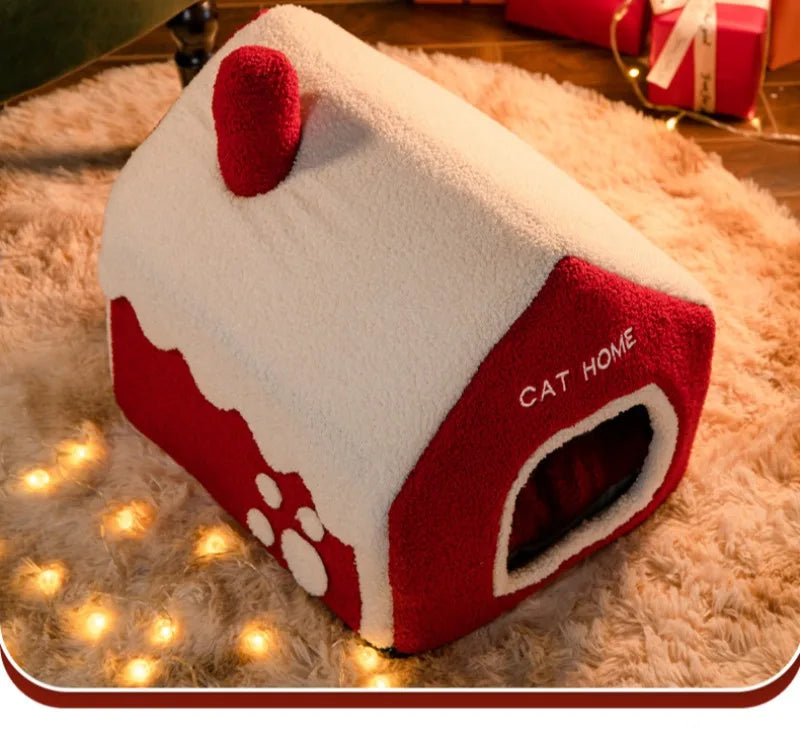 Nid douillet pliable pour animaux de compagnie, idéal pour Noel, avec décorations et accessoires pour chiens et chats.