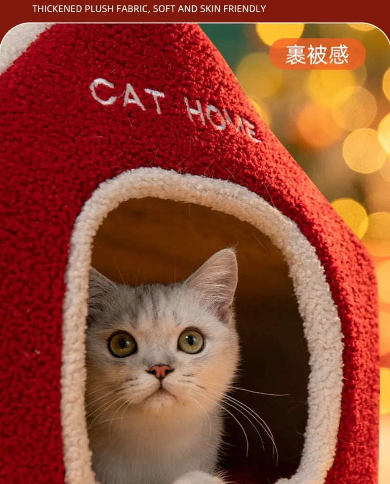 Nid douillet pliable pour animaux de compagnie, idéal pour Noel, avec décorations et accessoires pour chiens et chats.